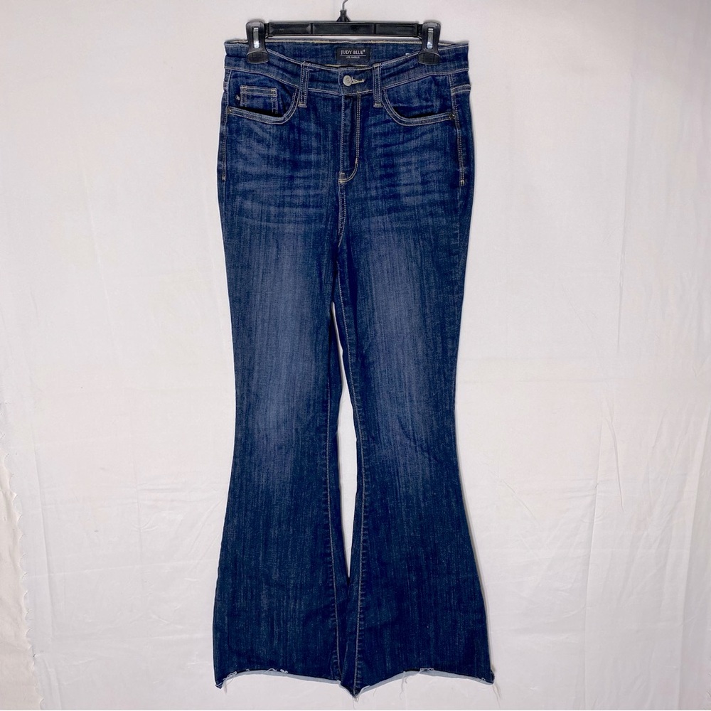 Judy Blue Dark Wash High Rise Raw Hem Flare Leg Bell Bottom Jeans 7/28